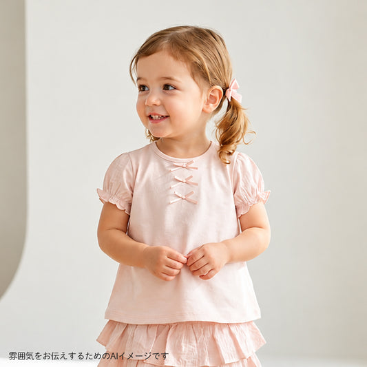 リボンパフスリーブTシャツ ペールピンク 80・90・100cm / ベビー服