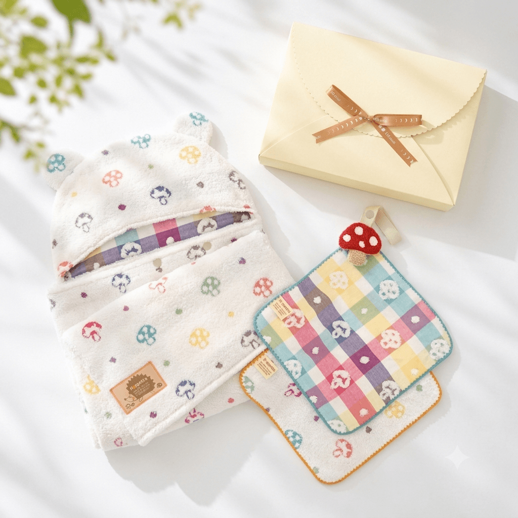 バスポンチョ&チャームハンカチ シャンピニオン ギフトセット / 名入れ刺繍可
