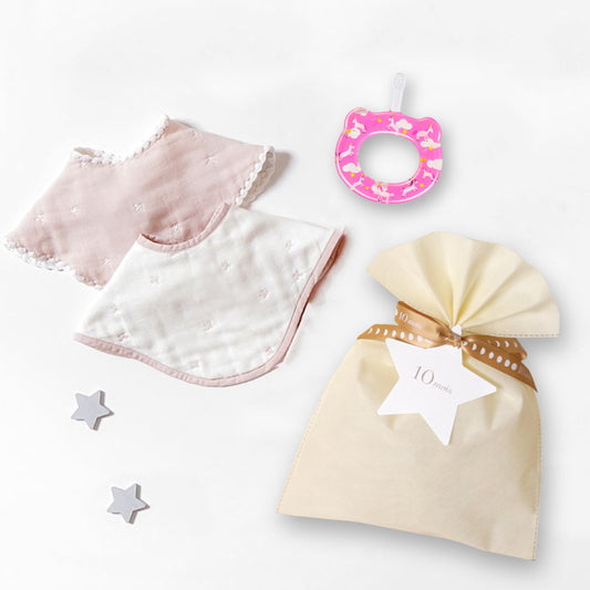2wayビブ(2枚セット)&HAMICO ベビー歯ブラシ ギフトセット ピンク / 出産祝い 名入れ刺繍可