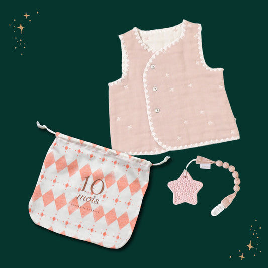 クリスマス巾着ギフトセット ちょっき・歯固め シェルピンク / 名入れ刺繍可