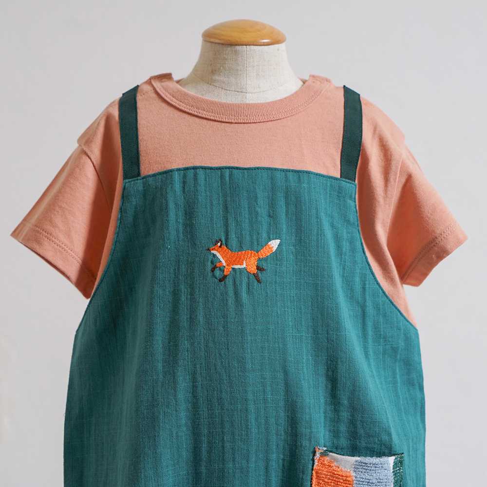 きつね刺繍 サロペット風 ロンパース　グリーン　70cm・80cm