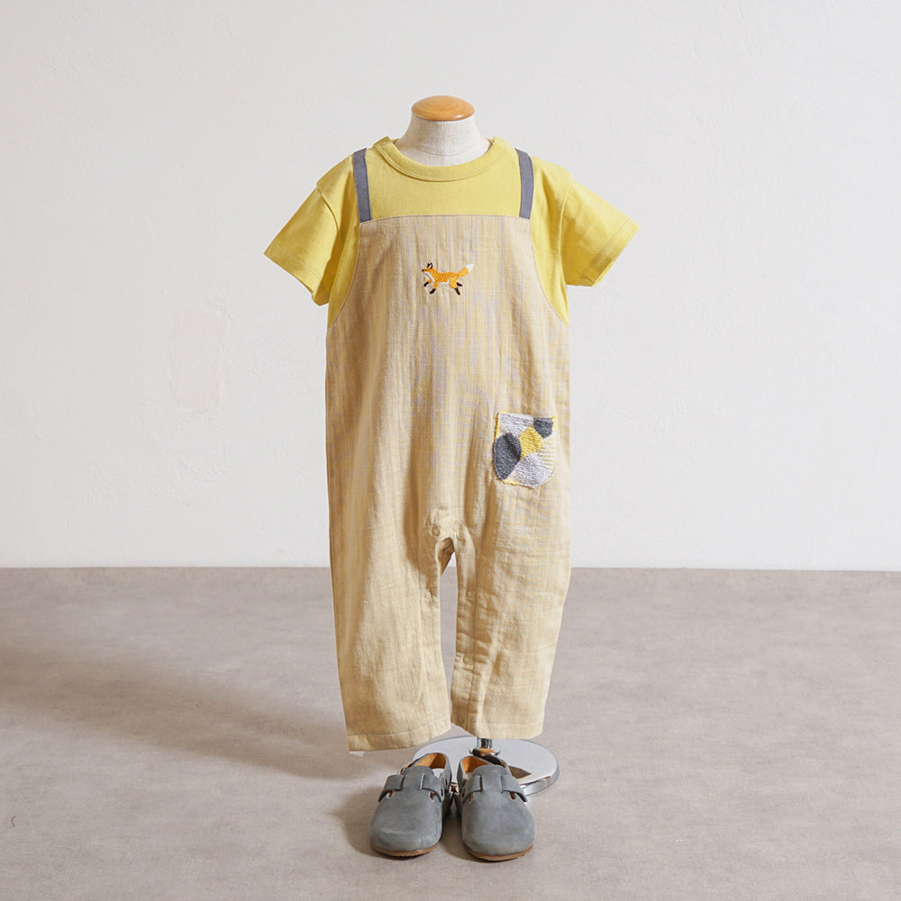 きつね刺繍 サロペット風 ロンパース　ベージュ　70cm・80cm
