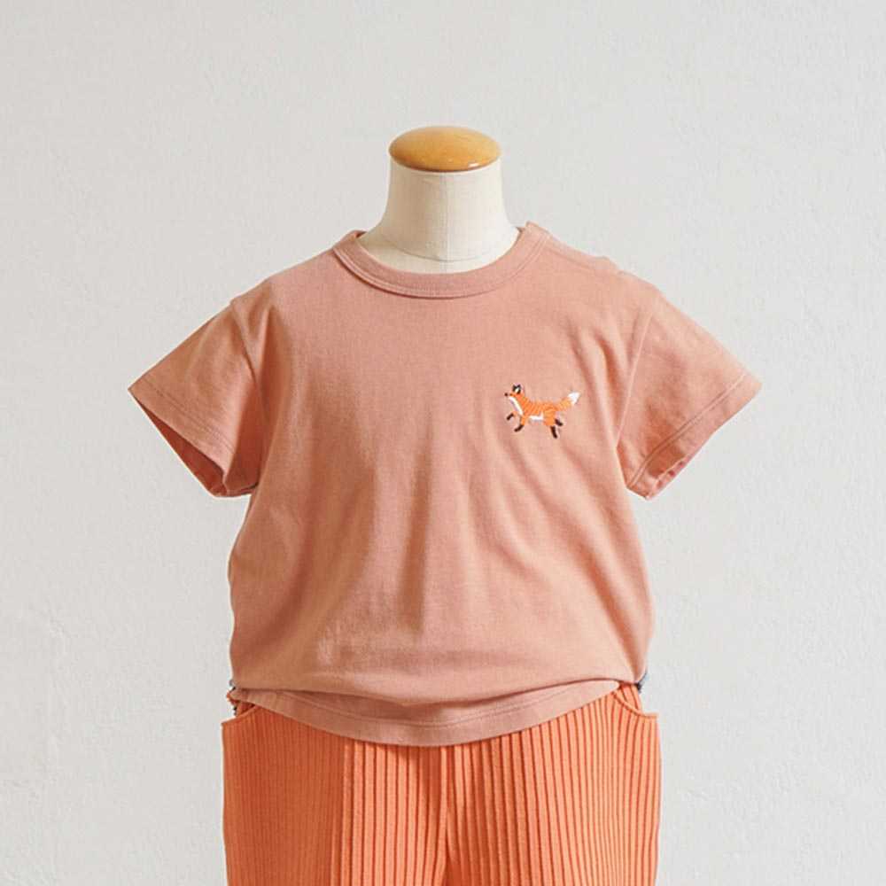 きつね刺繍 コンビTシャツ オレンジ 80・90・100・110cm