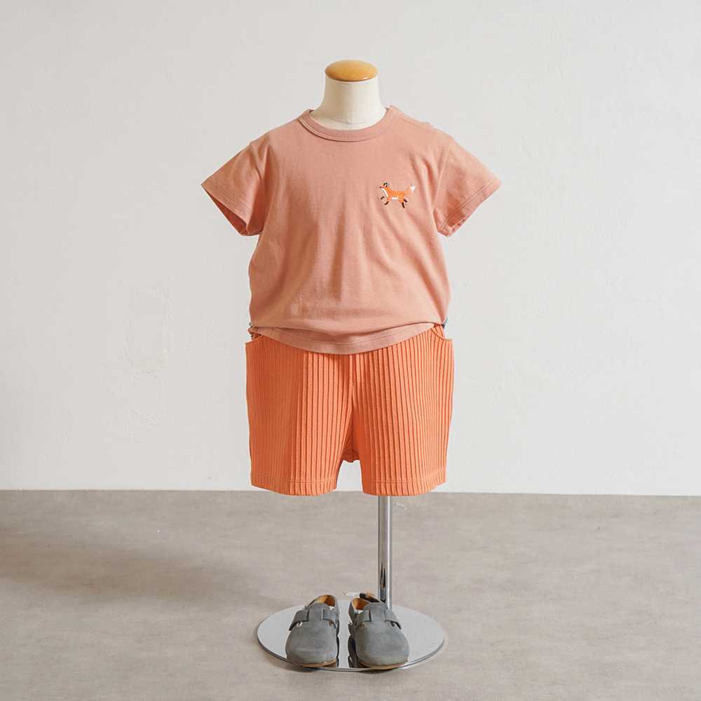 きつね刺繍 コンビTシャツ オレンジ 80・90・100・110cm