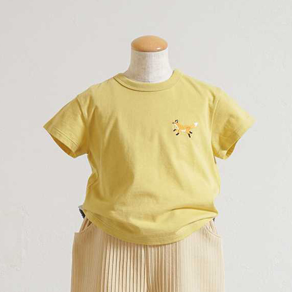 きつね刺繍 コンビTシャツ イエロー 110cm / ラスト1点