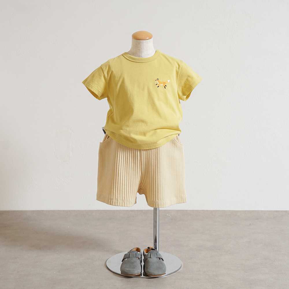 きつね刺繍 コンビTシャツ イエロー 110cm / ラスト1点