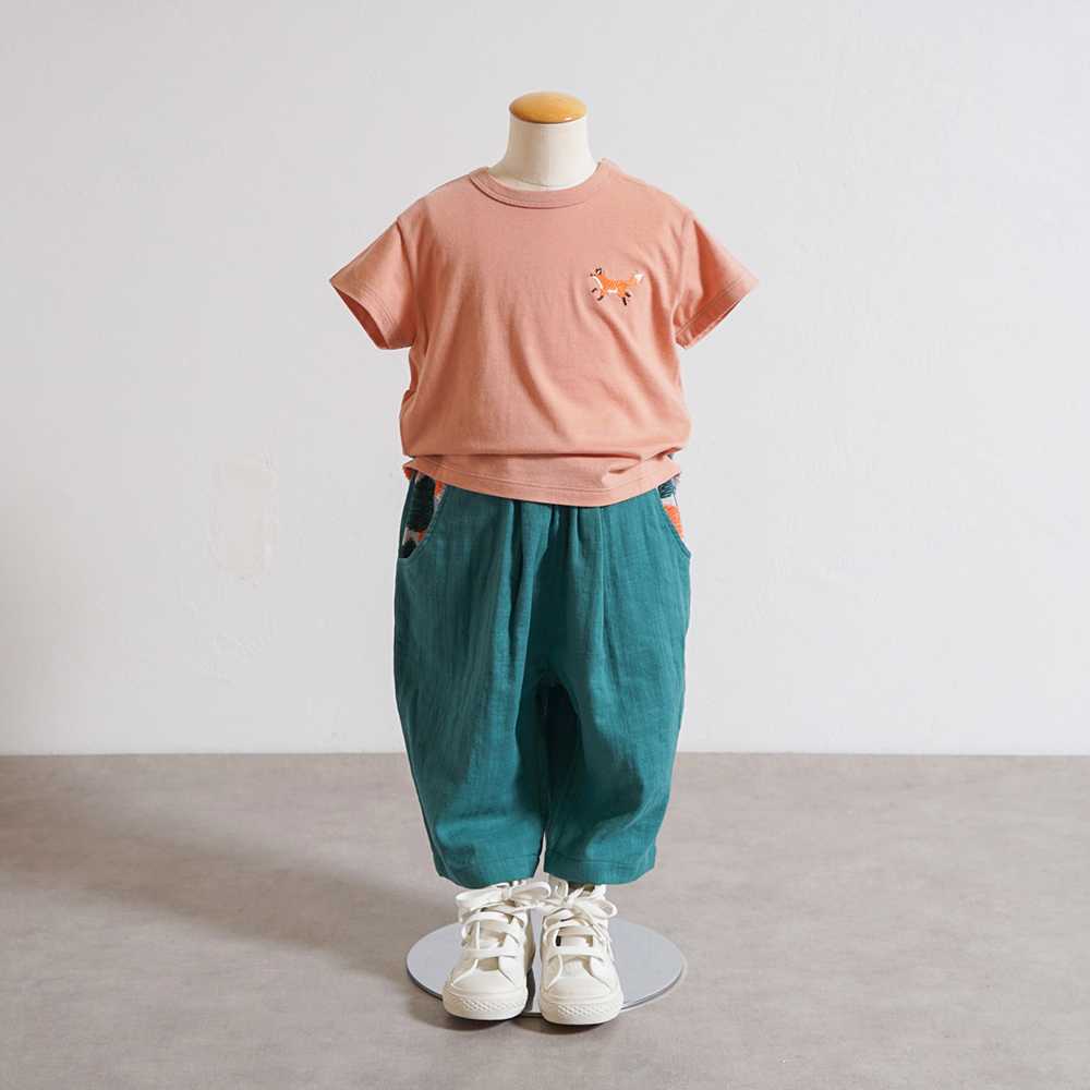 きつね刺繍 コンビTシャツ オレンジ 80・90・100・110cm