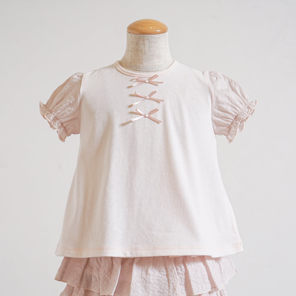 リボンパフスリーブTシャツ ペールピンク 80・90・100・110cm