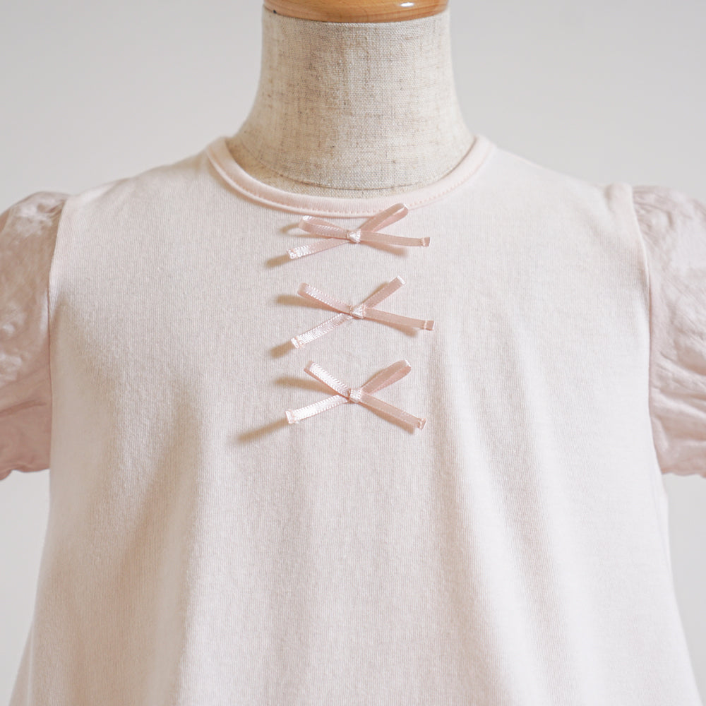 リボンパフスリーブTシャツ ペールピンク 80・90・100・110cm