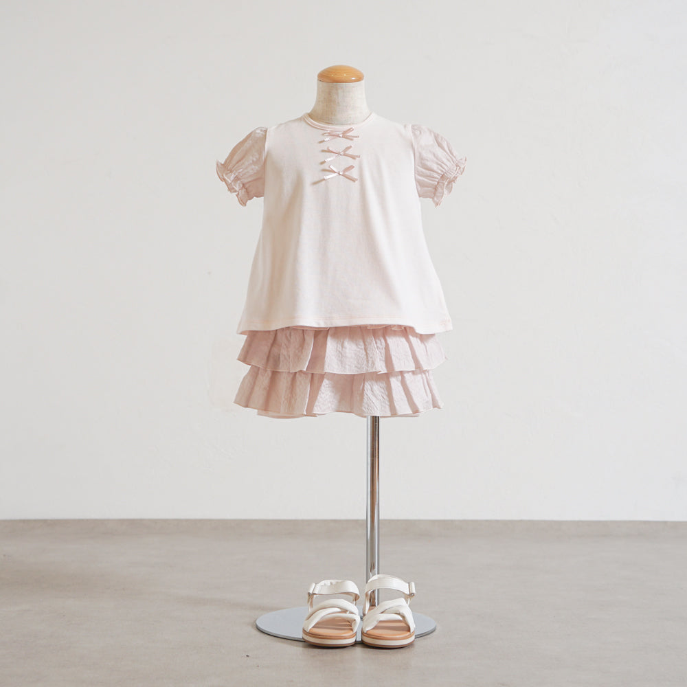 リボンパフスリーブTシャツ ペールピンク 80・90・100・110cm