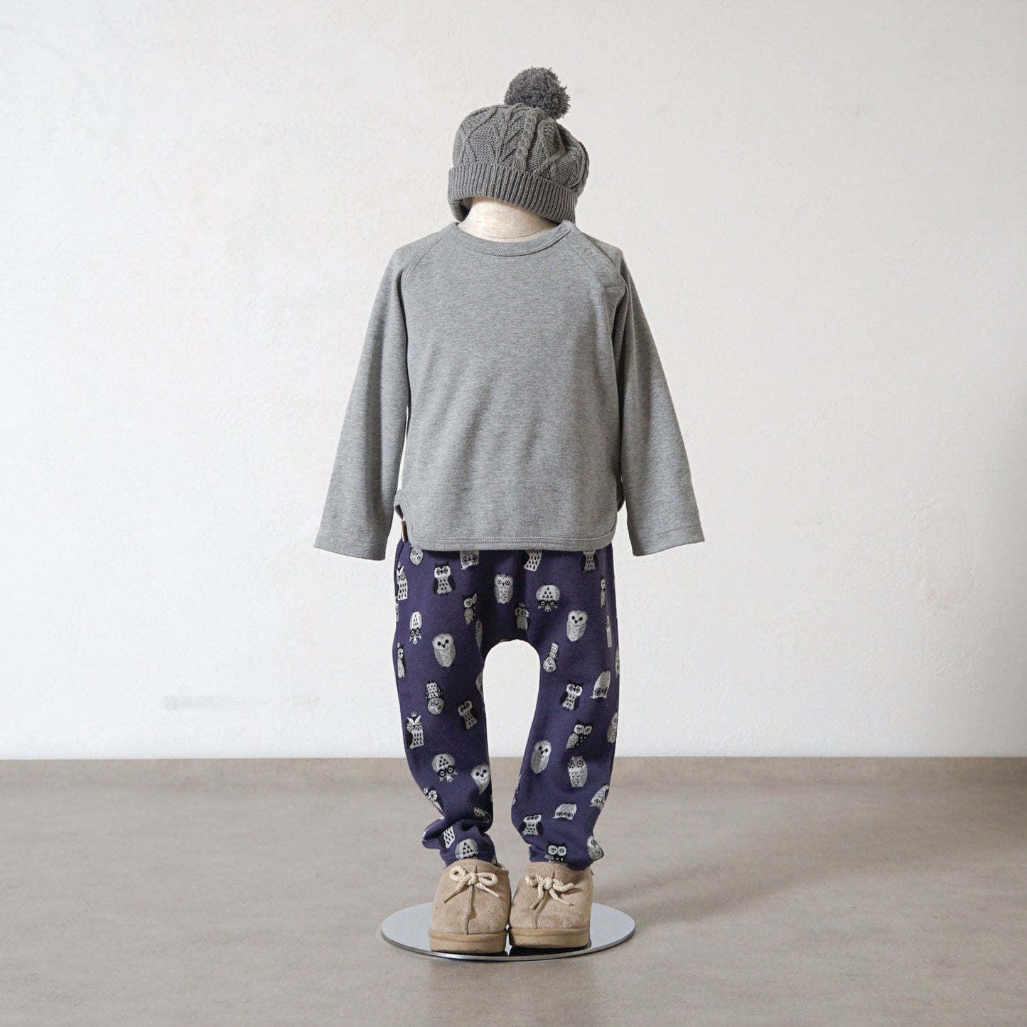 フクロウ肘パッチ長袖Tシャツ グレー  80・90・100・110cm