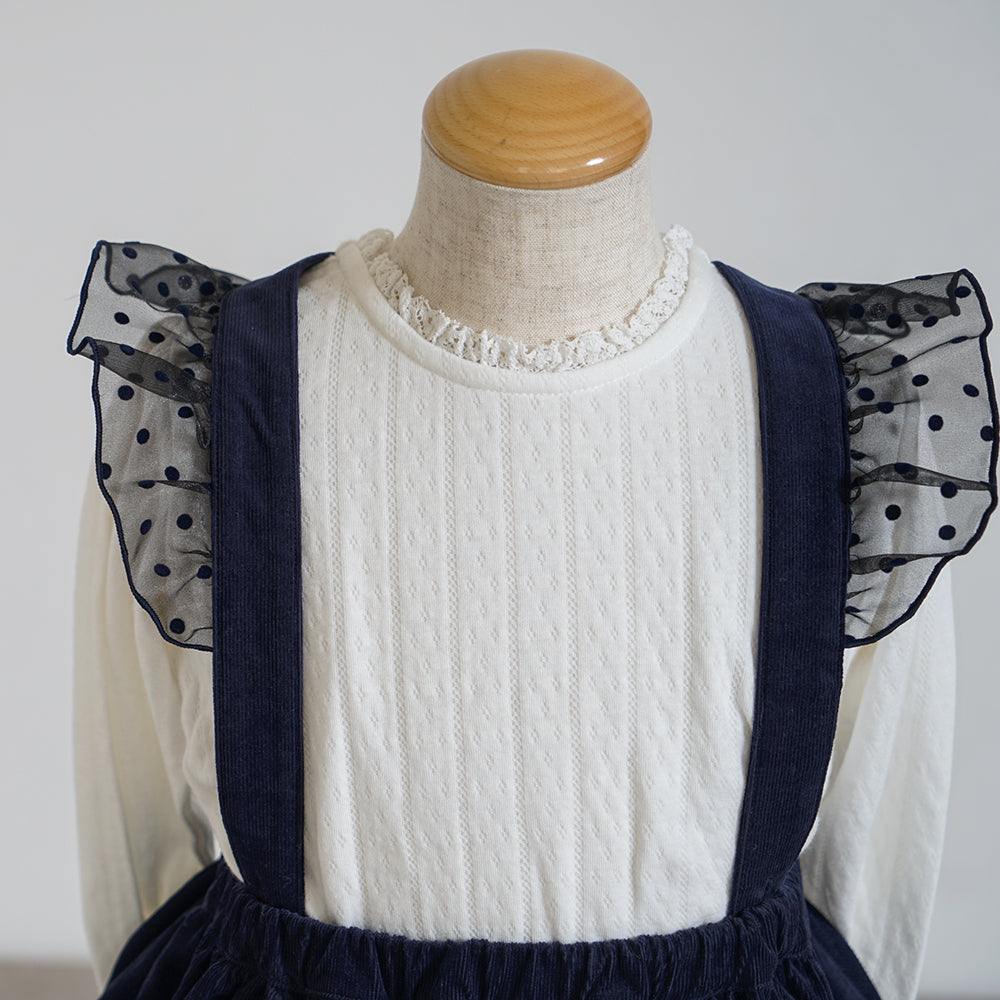 DOTフリルサスペンダーキュロットパンツ ネイビー 80-90・90-100cm