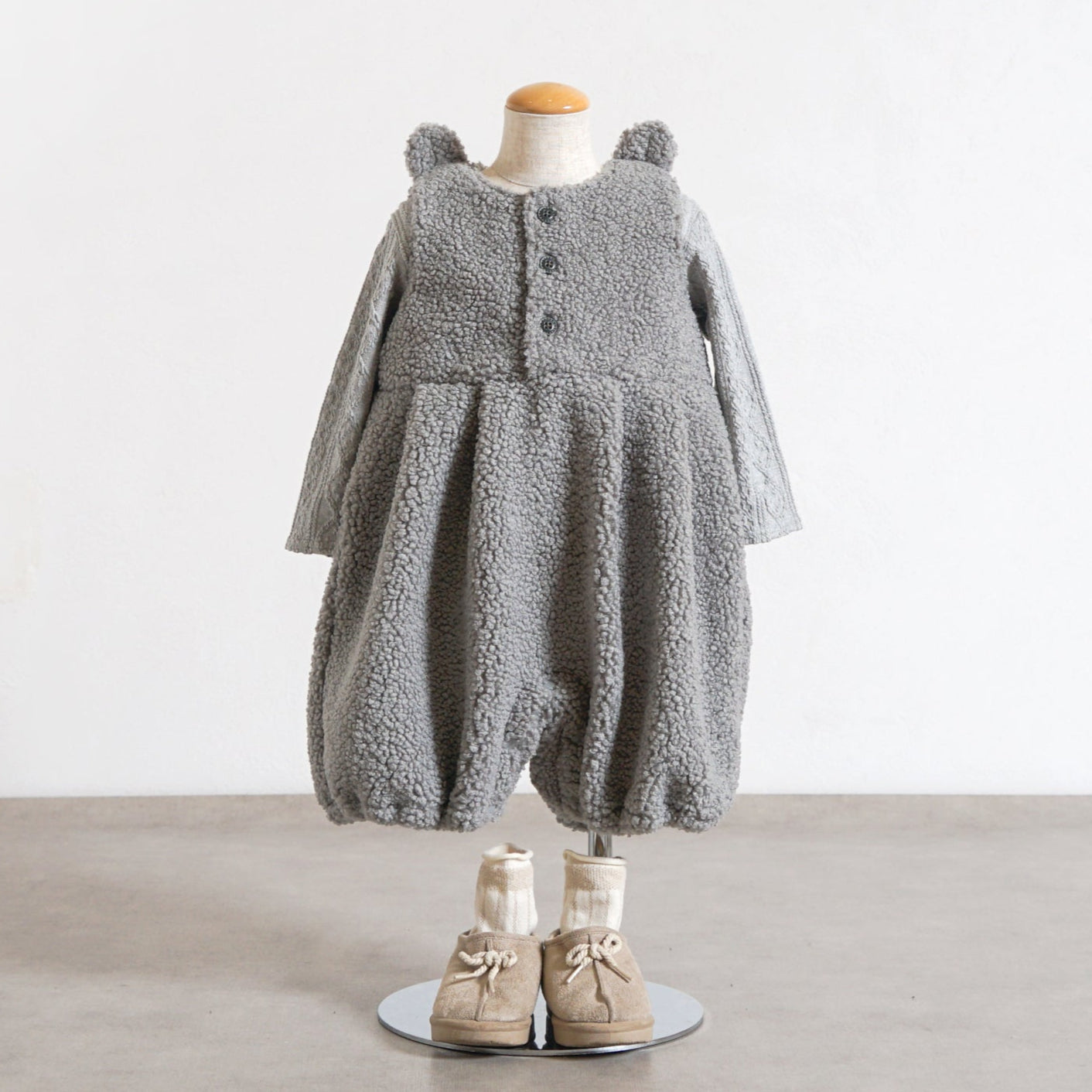ボアくま耳サロペット グレー 70-80・80-90cm