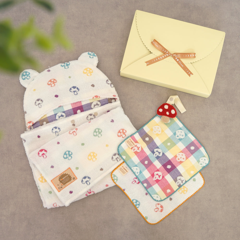 バスポンチョ＆チャームハンカチ シャンピニオン ギフトセット / 名入れ刺繍可