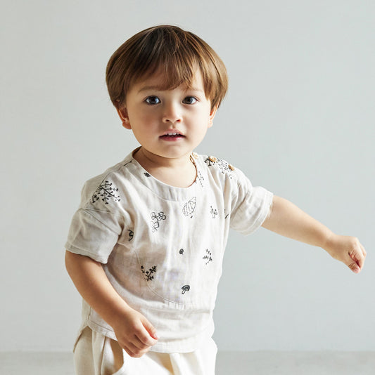 刺繍Wガーゼヨークブラウス minori グレージュ　80cm・90cm