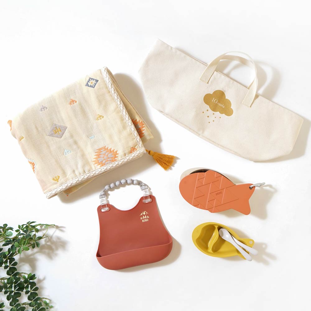 帆布ギフトBAG お食事セットとガーゼケット テラコッタ  / 出産祝い 名入れ刺繍可