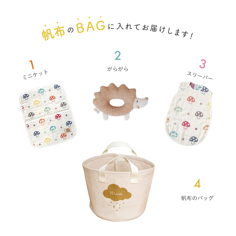帆布BAGギフト　シャンピニオンガーゼセット / 出産祝い / 名入れ刺繍可